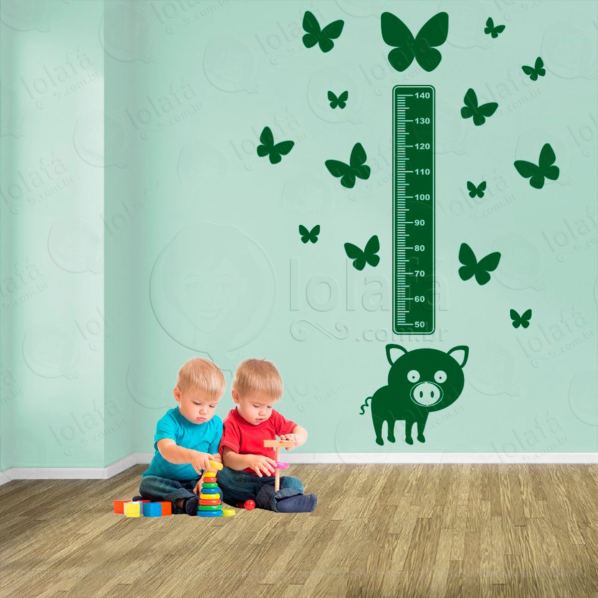 porco e borboletas adesivo régua de crescimento infantil, medidor de altura para quarto, porta e parede - mod:1017