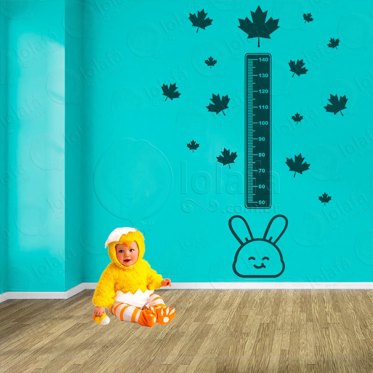 coelho e folhas adesivo régua de crescimento infantil, medidor de altura para quarto, porta e parede - mod:1020