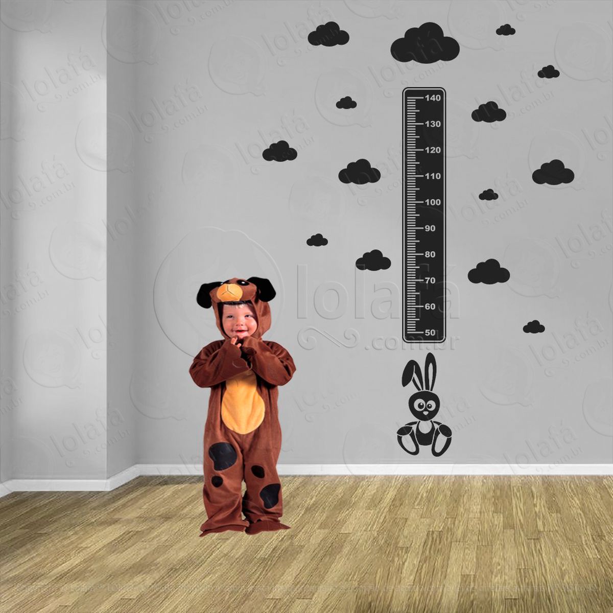 coelho e nuvens adesivo régua de crescimento infantil, medidor de altura para quarto, porta e parede - mod:1022