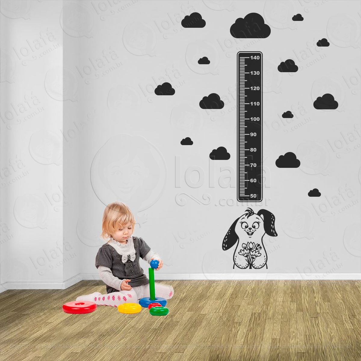coelho e nuvens adesivo régua de crescimento infantil, medidor de altura para quarto, porta e parede - mod:1026