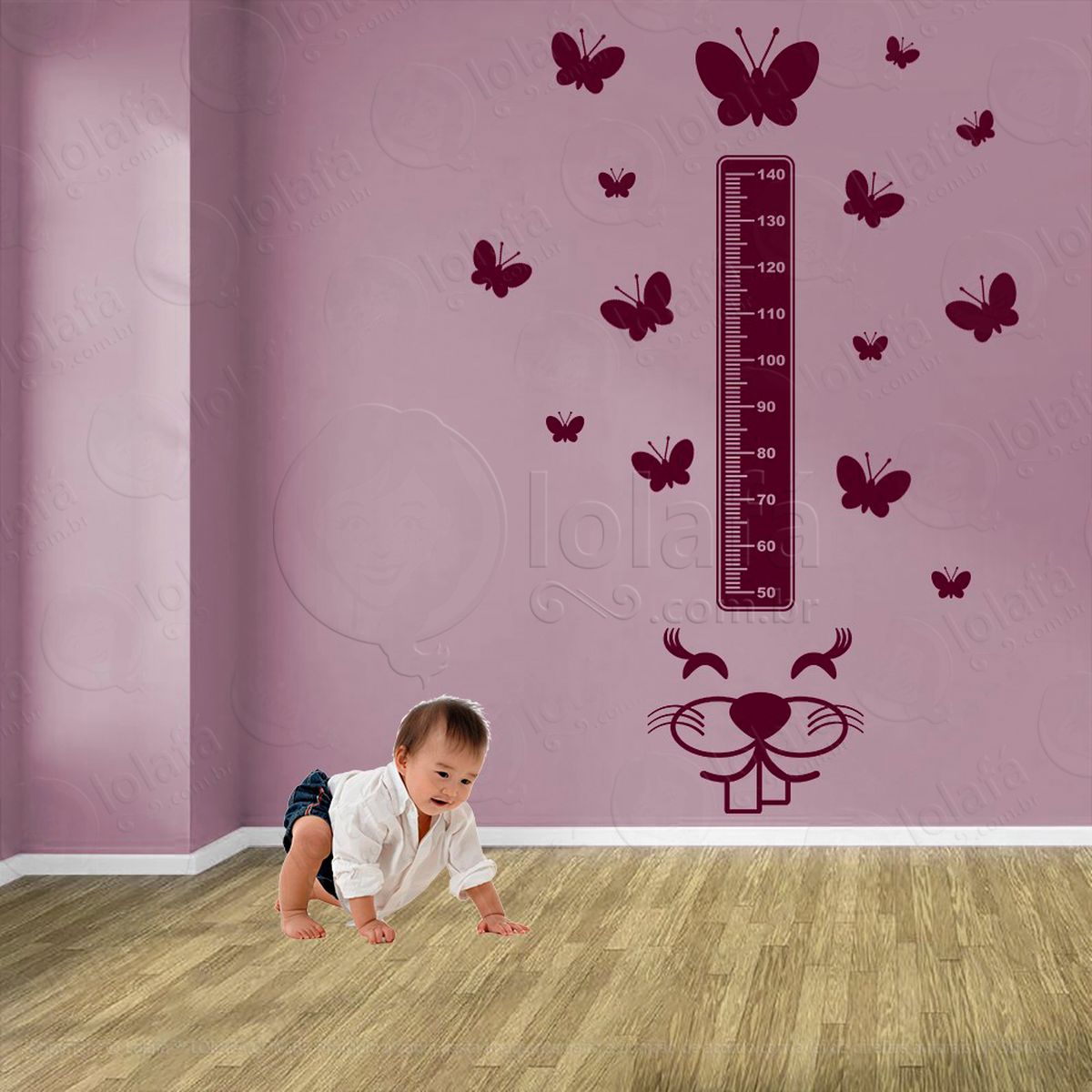 coelho e borboletas adesivo régua de crescimento infantil, medidor de altura para quarto, porta e parede - mod:1027