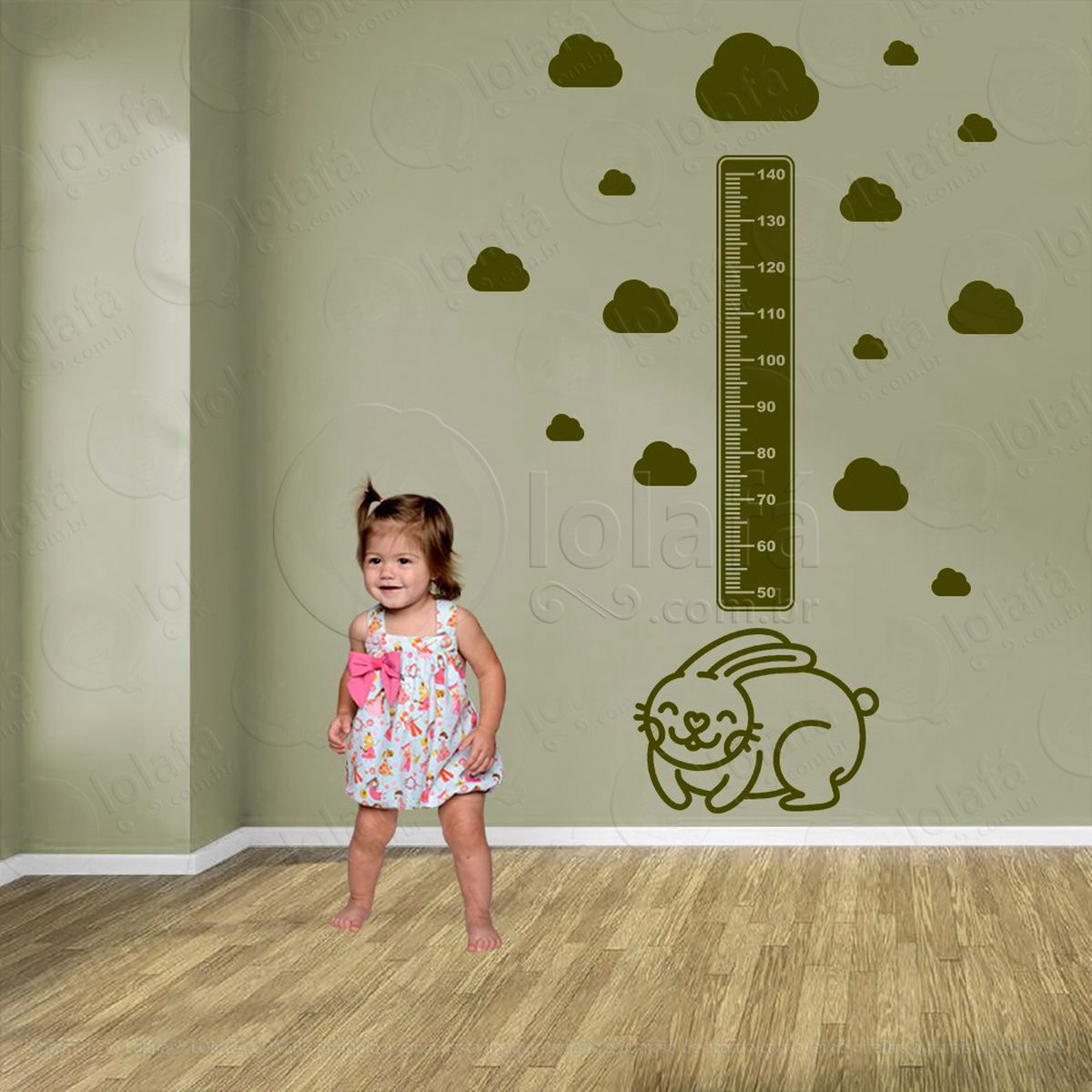 coelho e nuvens adesivo régua de crescimento infantil, medidor de altura para quarto, porta e parede - mod:1030