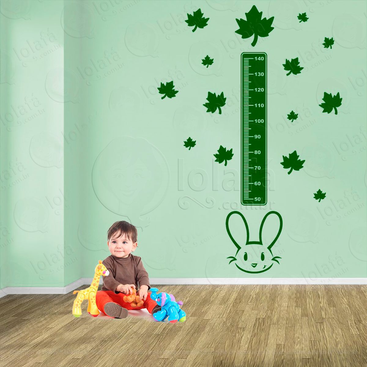 coelho e folhas adesivo régua de crescimento infantil, medidor de altura para quarto, porta e parede - mod:1032