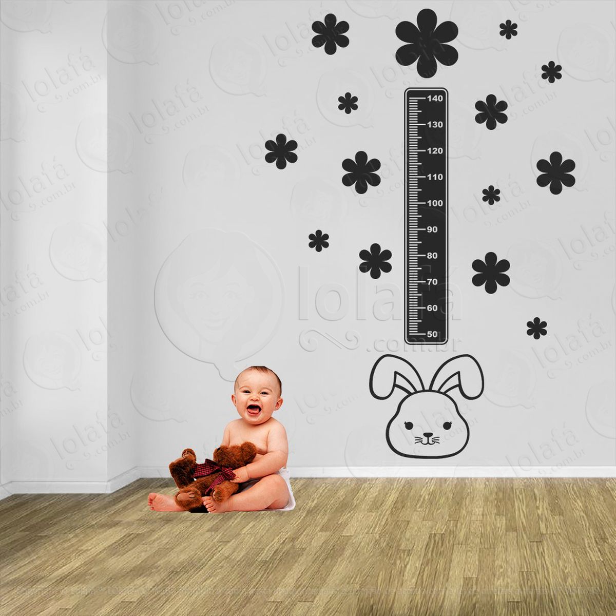 coelho e flores adesivo régua de crescimento infantil, medidor de altura para quarto, porta e parede - mod:1033