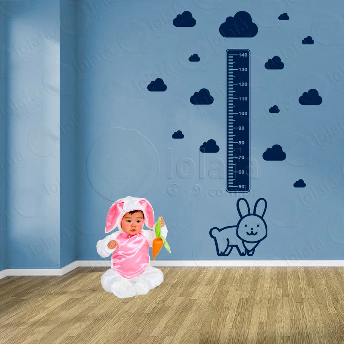 coelho e nuvens adesivo régua de crescimento infantil, medidor de altura para quarto, porta e parede - mod:1034