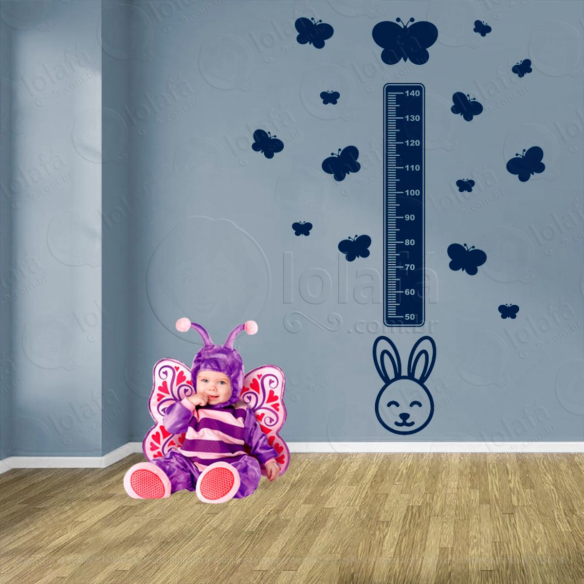 coelho e borboletas adesivo régua de crescimento infantil, medidor de altura para quarto, porta e parede - mod:1035