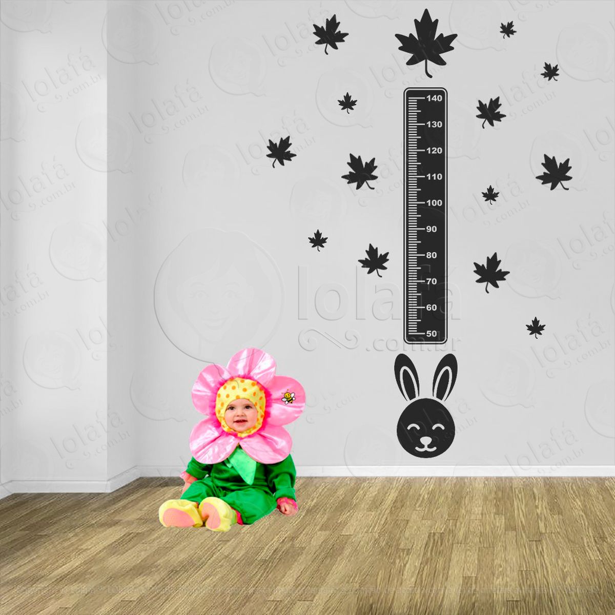coelho e folhas adesivo régua de crescimento infantil, medidor de altura para quarto, porta e parede - mod:1036
