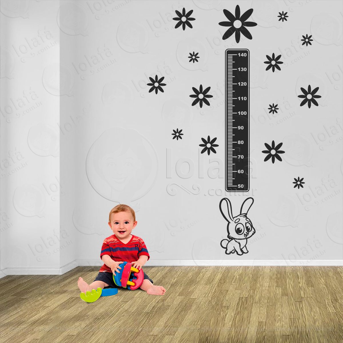 coelho e flores adesivo régua de crescimento infantil, medidor de altura para quarto, porta e parede - mod:1037