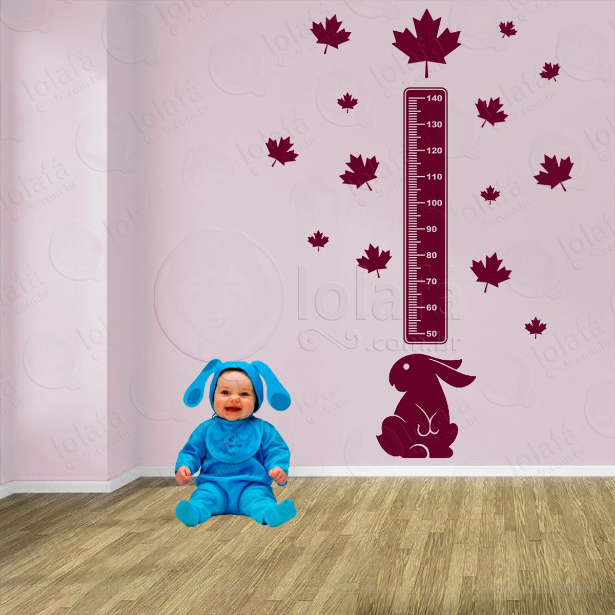 coelho e folhas adesivo régua de crescimento infantil, medidor de altura para quarto, porta e parede - mod:1040
