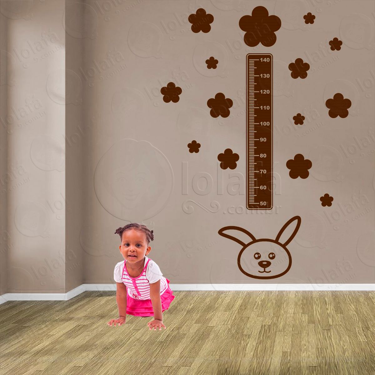 coelho e flores adesivo régua de crescimento infantil, medidor de altura para quarto, porta e parede - mod:1041