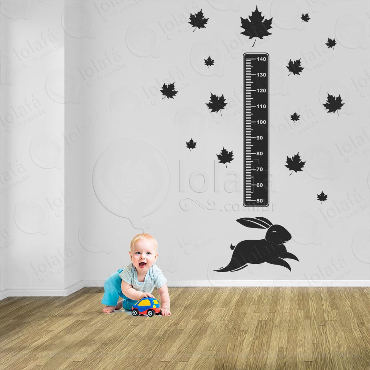 coelho e folhas adesivo régua de crescimento infantil, medidor de altura para quarto, porta e parede - mod:1044