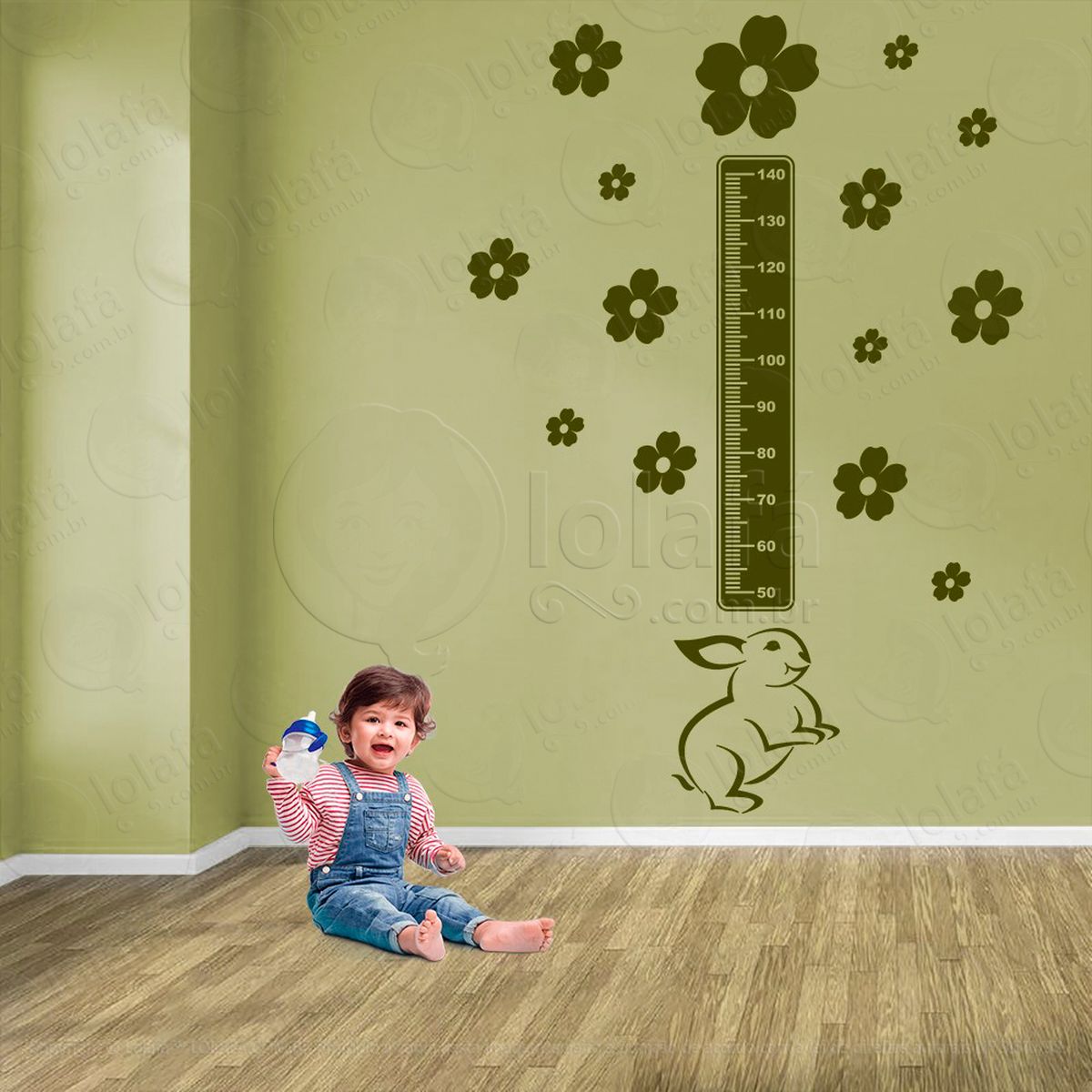 coelho e flores adesivo régua de crescimento infantil, medidor de altura para quarto, porta e parede - mod:1045