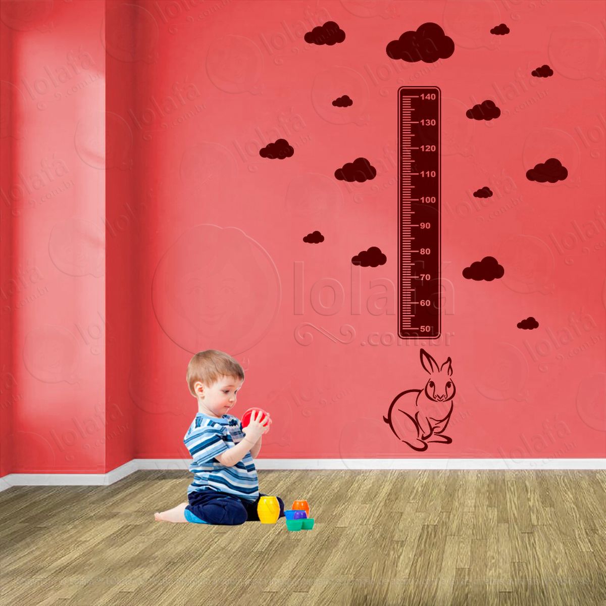 coelho e nuvens adesivo régua de crescimento infantil, medidor de altura para quarto, porta e parede - mod:1046