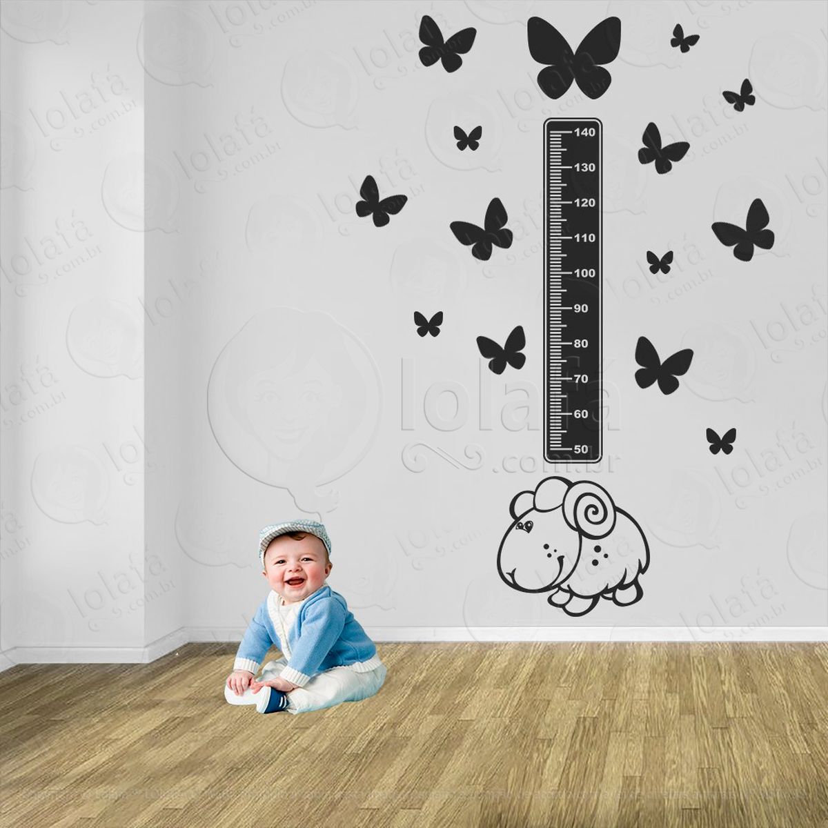 ovelha e borboletas adesivo régua de crescimento infantil, medidor de altura para quarto, porta e parede - mod:1048