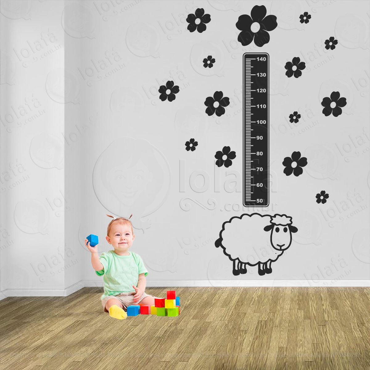 ovelha e flores adesivo régua de crescimento infantil, medidor de altura para quarto, porta e parede - mod:1050