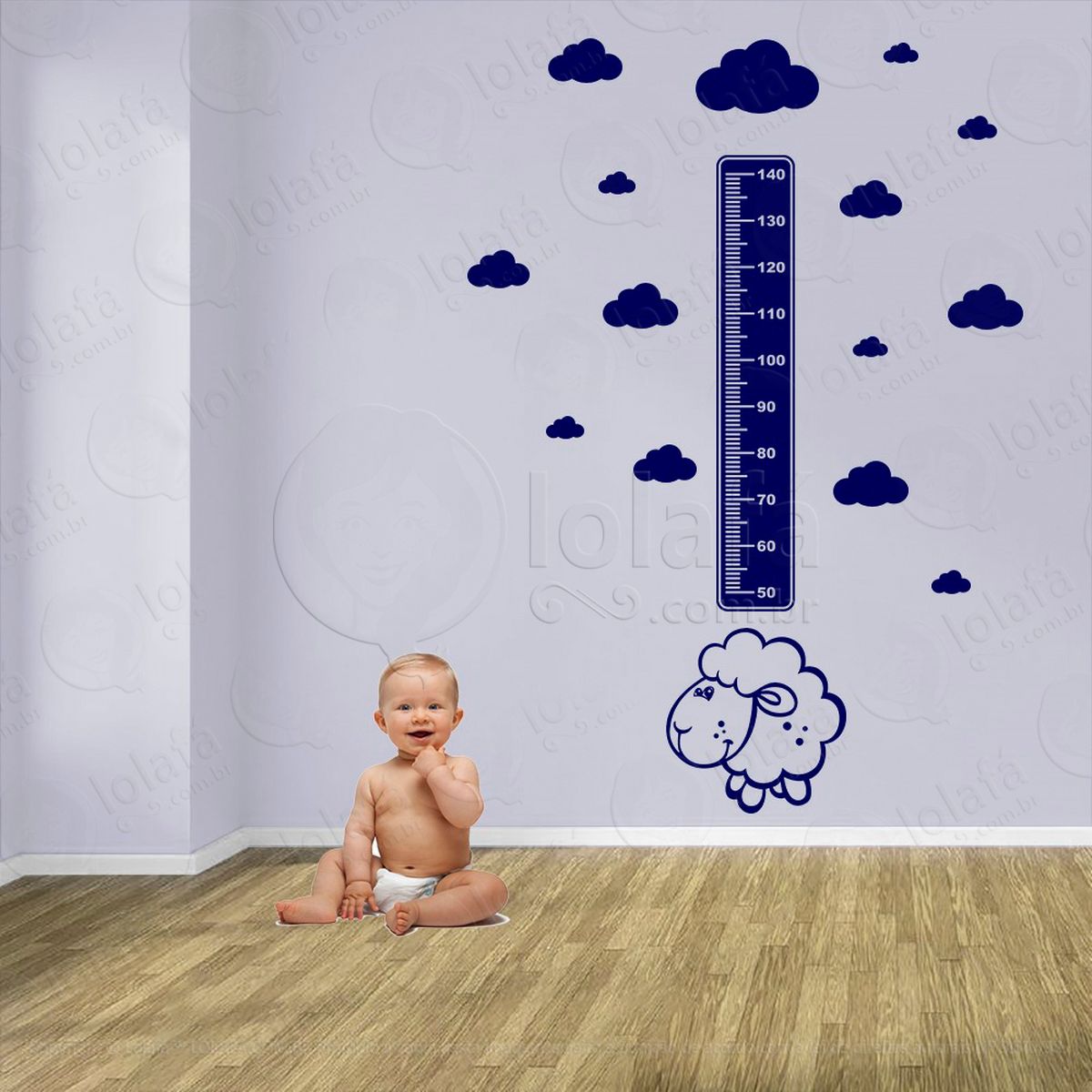 ovelha e nuvens adesivo régua de crescimento infantil, medidor de altura para quarto, porta e parede - mod:1051