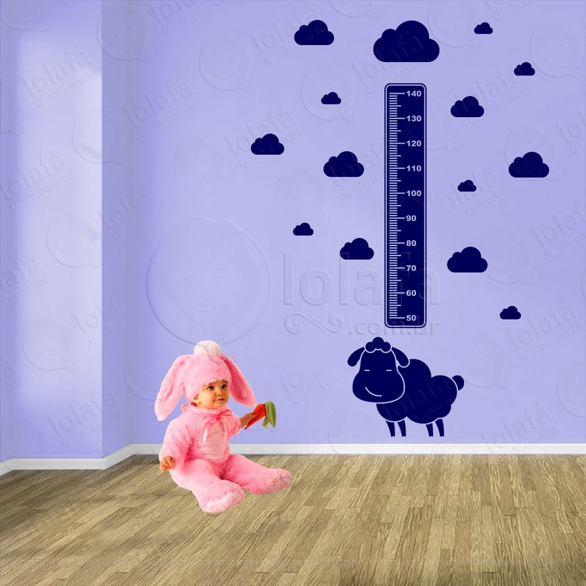 ovelha e nuvens adesivo régua de crescimento infantil, medidor de altura para quarto, porta e parede - mod:1055
