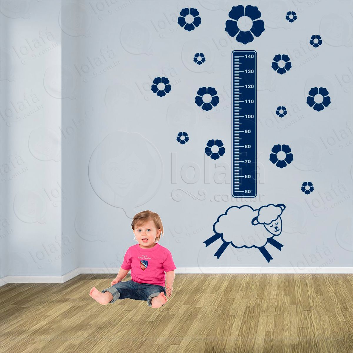 ovelha e flores adesivo régua de crescimento infantil, medidor de altura para quarto, porta e parede - mod:1058