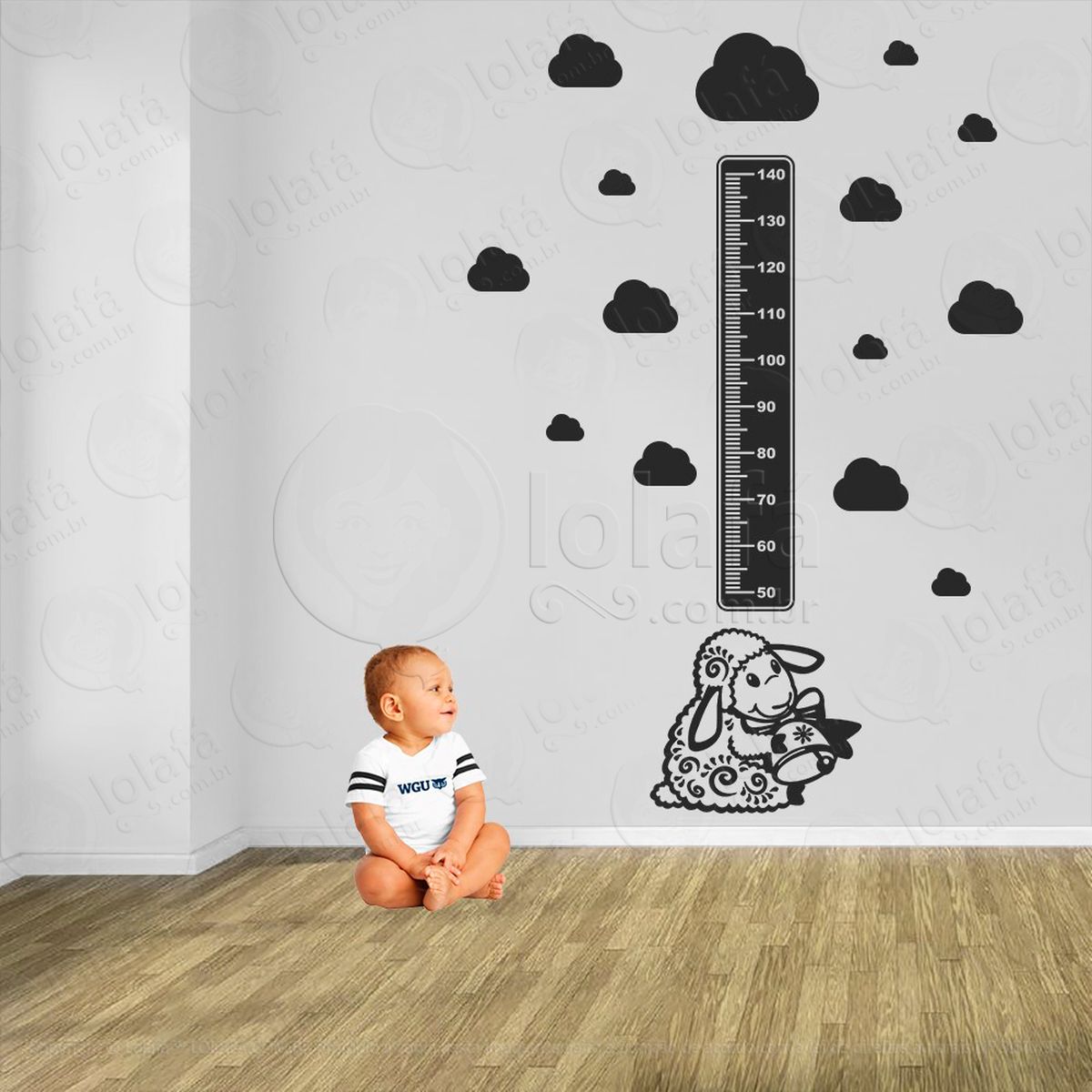 ovelha e nuvens adesivo régua de crescimento infantil, medidor de altura para quarto, porta e parede - mod:1059