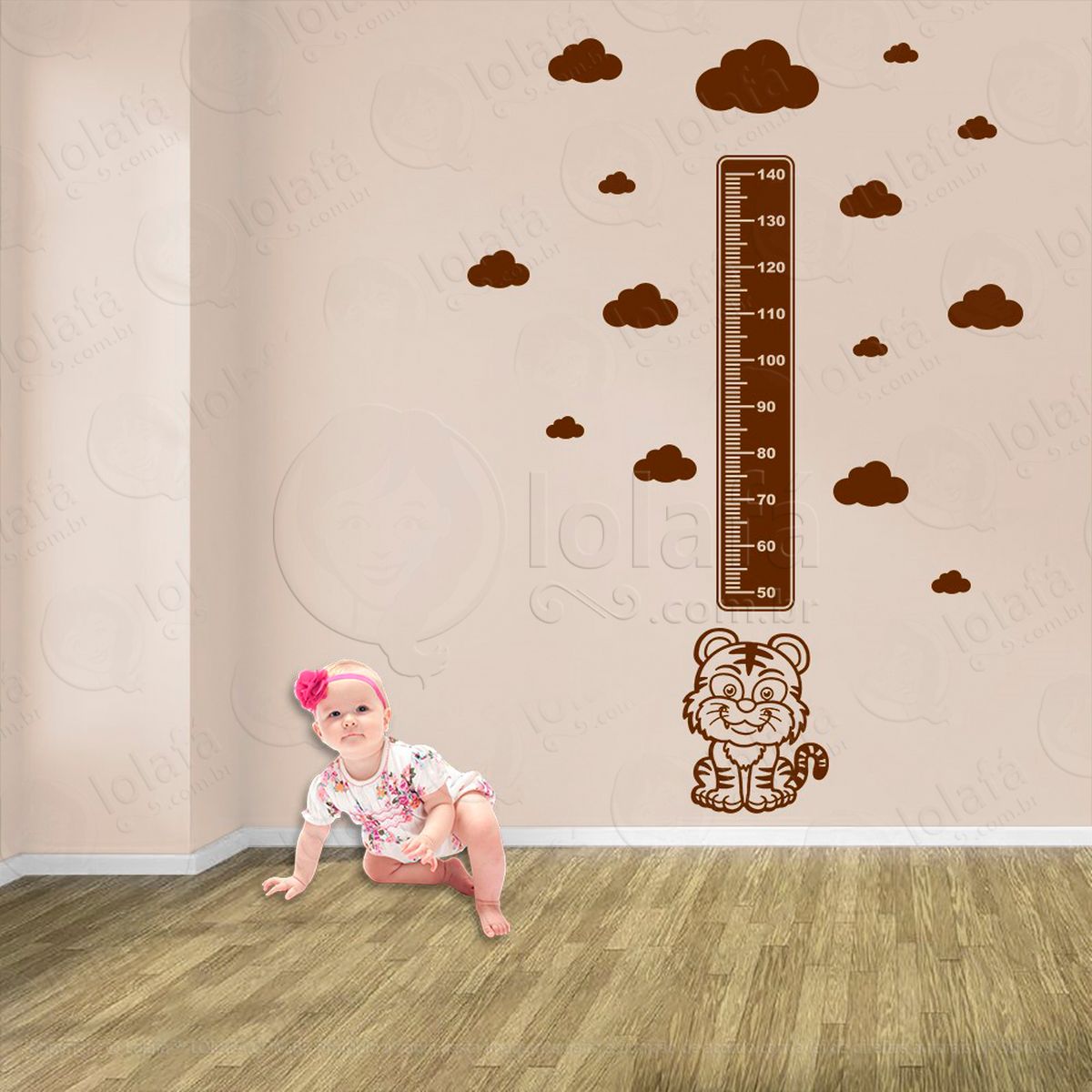 tigre e nuvens adesivo régua de crescimento infantil, medidor de altura para quarto, porta e parede - mod:1060