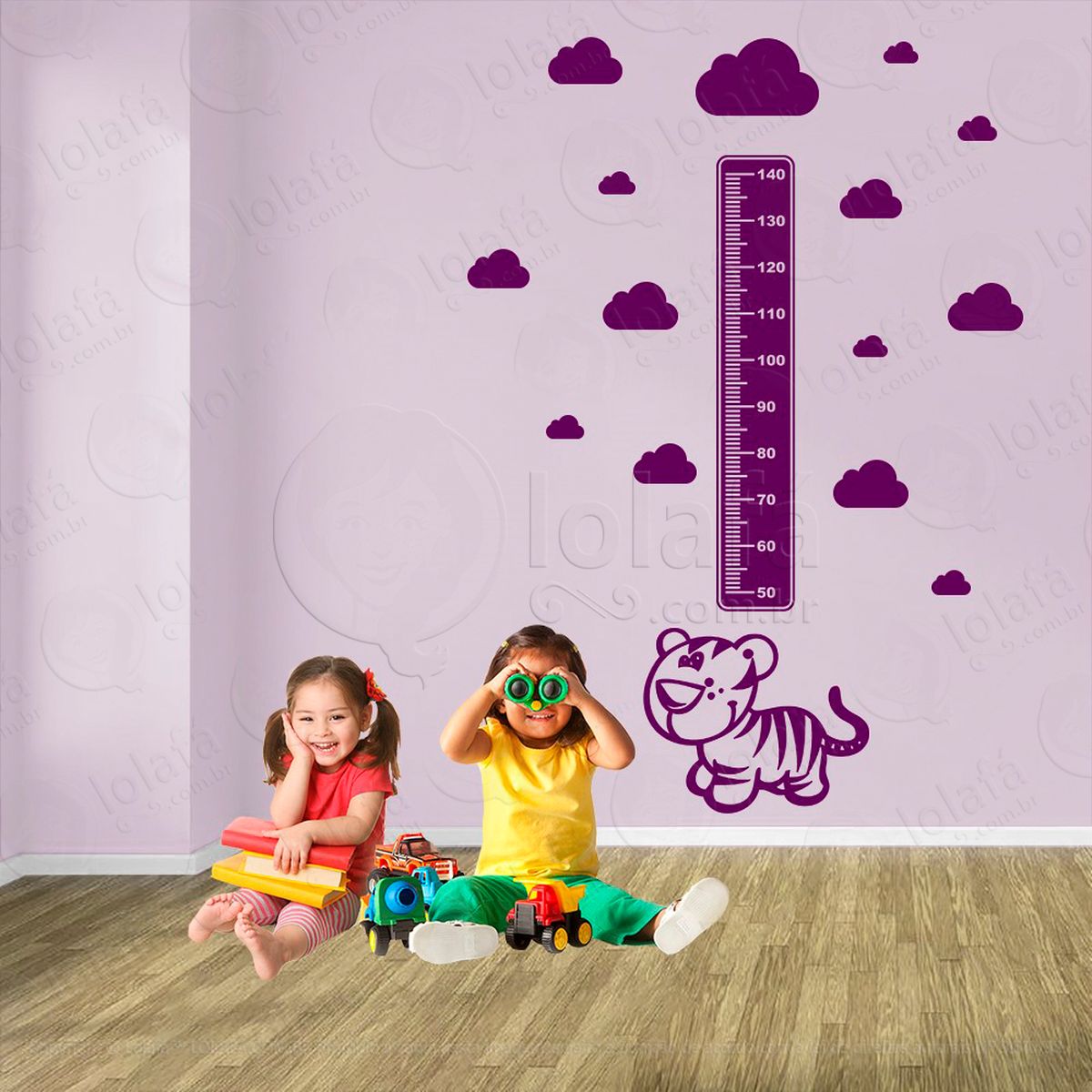tigre e nuvens adesivo régua de crescimento infantil, medidor de altura para quarto, porta e parede - mod:1062
