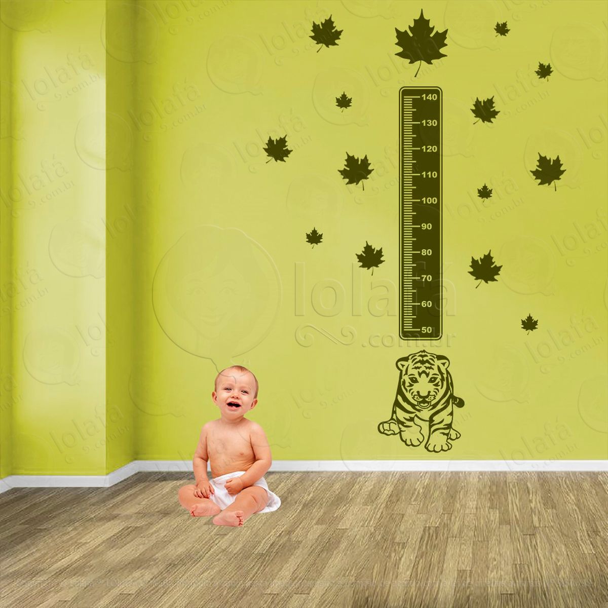 tigre e folhas adesivo régua de crescimento infantil, medidor de altura para quarto, porta e parede - mod:1063