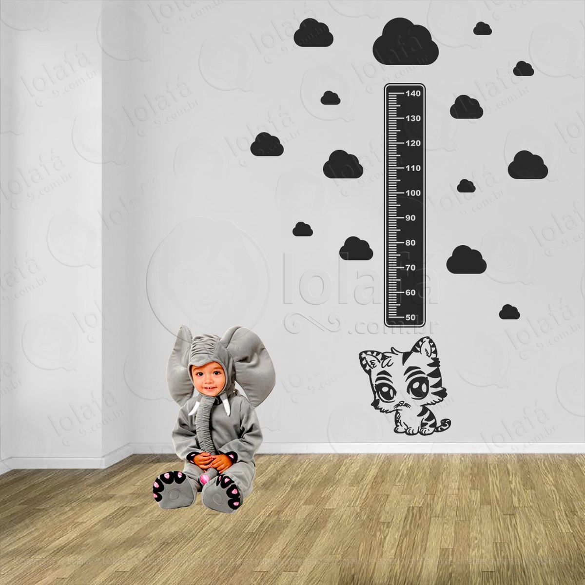 tigre e nuvens adesivo régua de crescimento infantil, medidor de altura para quarto, porta e parede - mod:1064