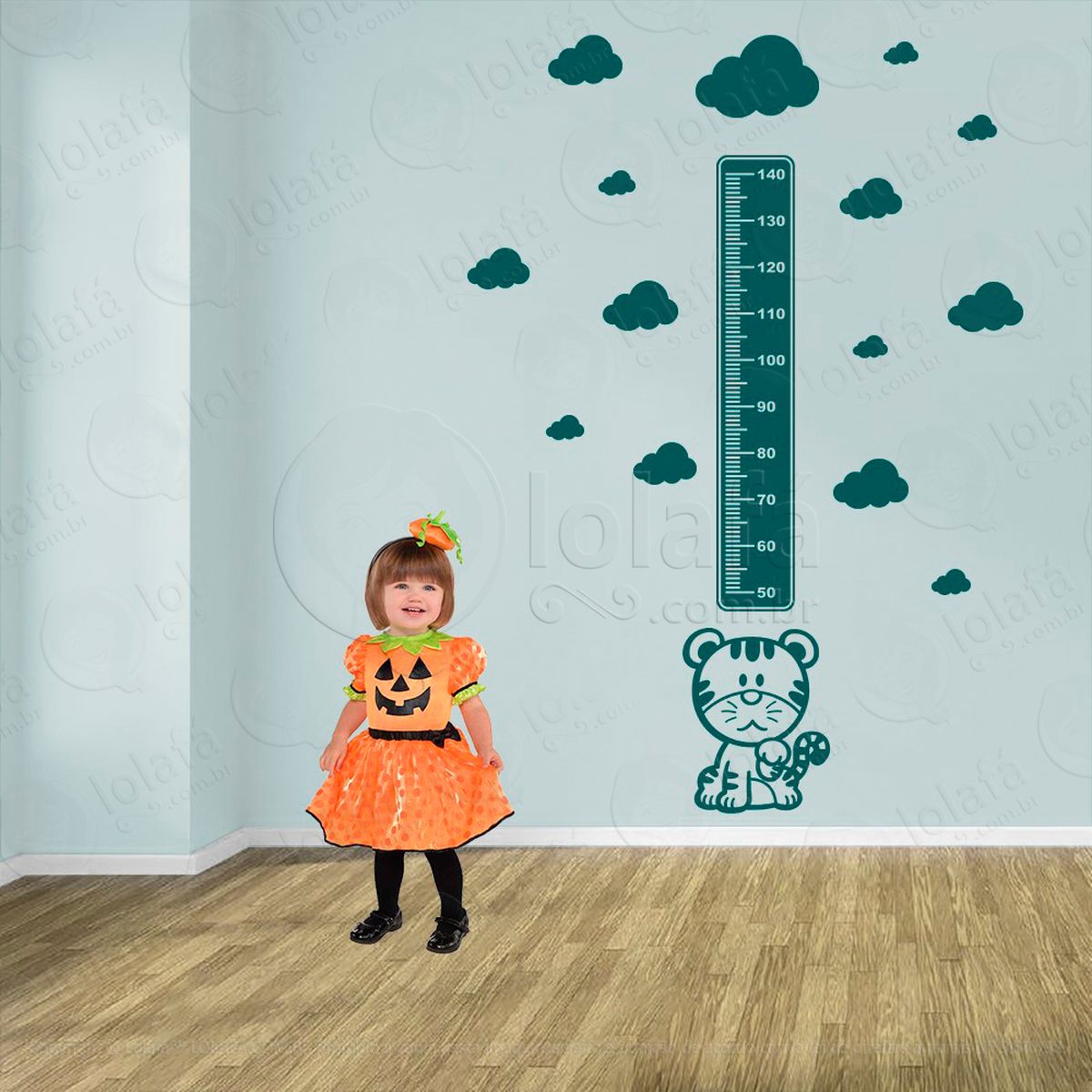 tigre e nuvens adesivo régua de crescimento infantil, medidor de altura para quarto, porta e parede - mod:1066