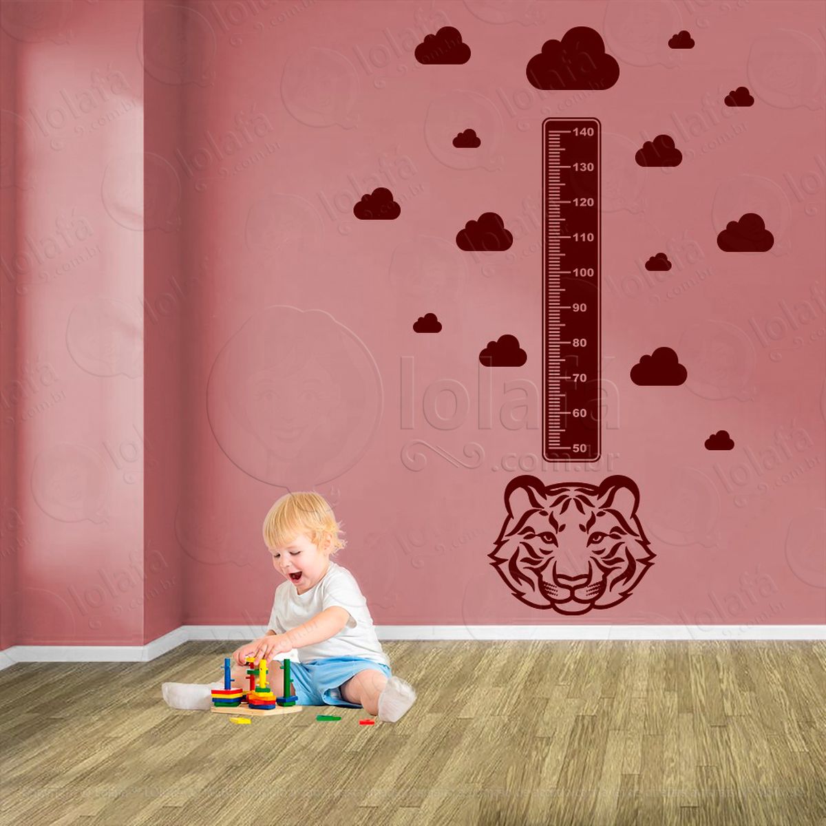 tigre e nuvens adesivo régua de crescimento infantil, medidor de altura para quarto, porta e parede - mod:1068