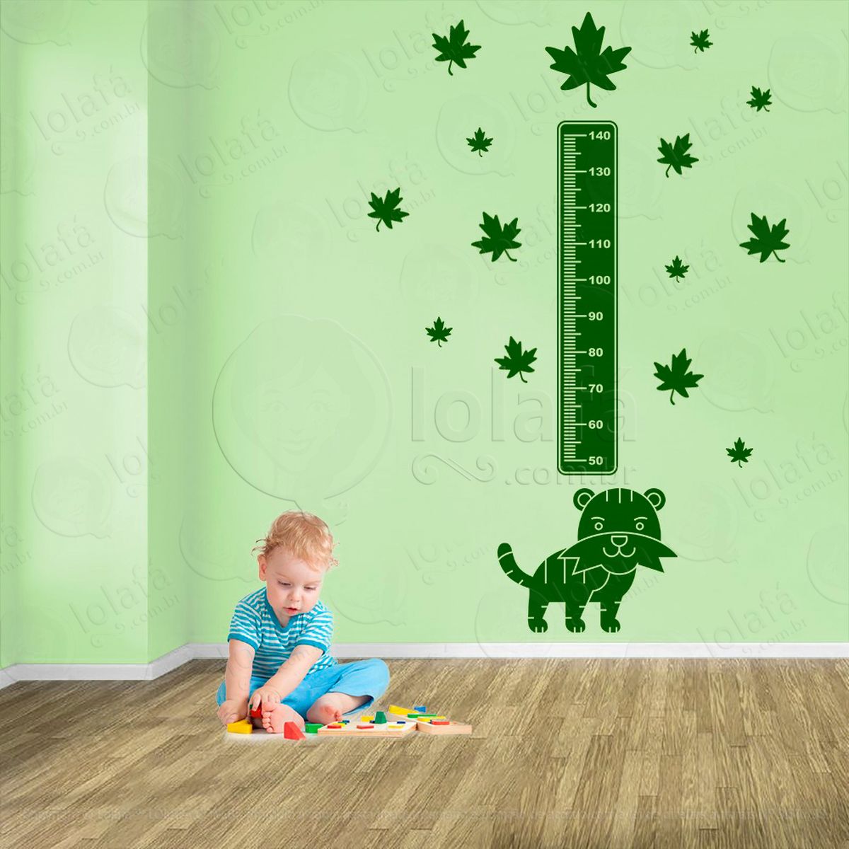 tigre e folhas adesivo régua de crescimento infantil, medidor de altura para quarto, porta e parede - mod:1069