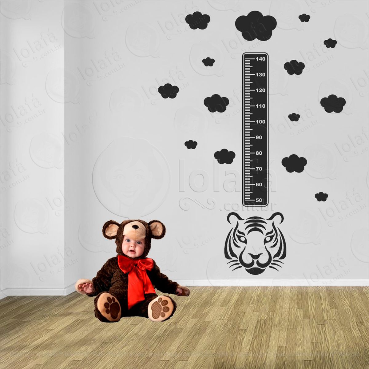 tigre e nuvens adesivo régua de crescimento infantil, medidor de altura para quarto, porta e parede - mod:1070