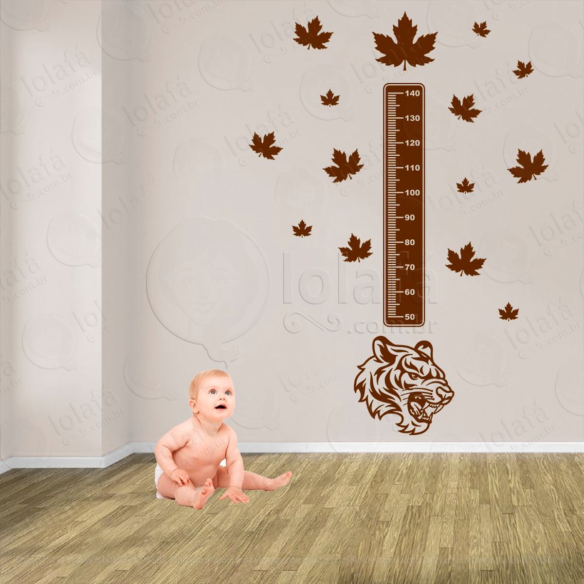 tigre e folhas adesivo régua de crescimento infantil, medidor de altura para quarto, porta e parede - mod:1071