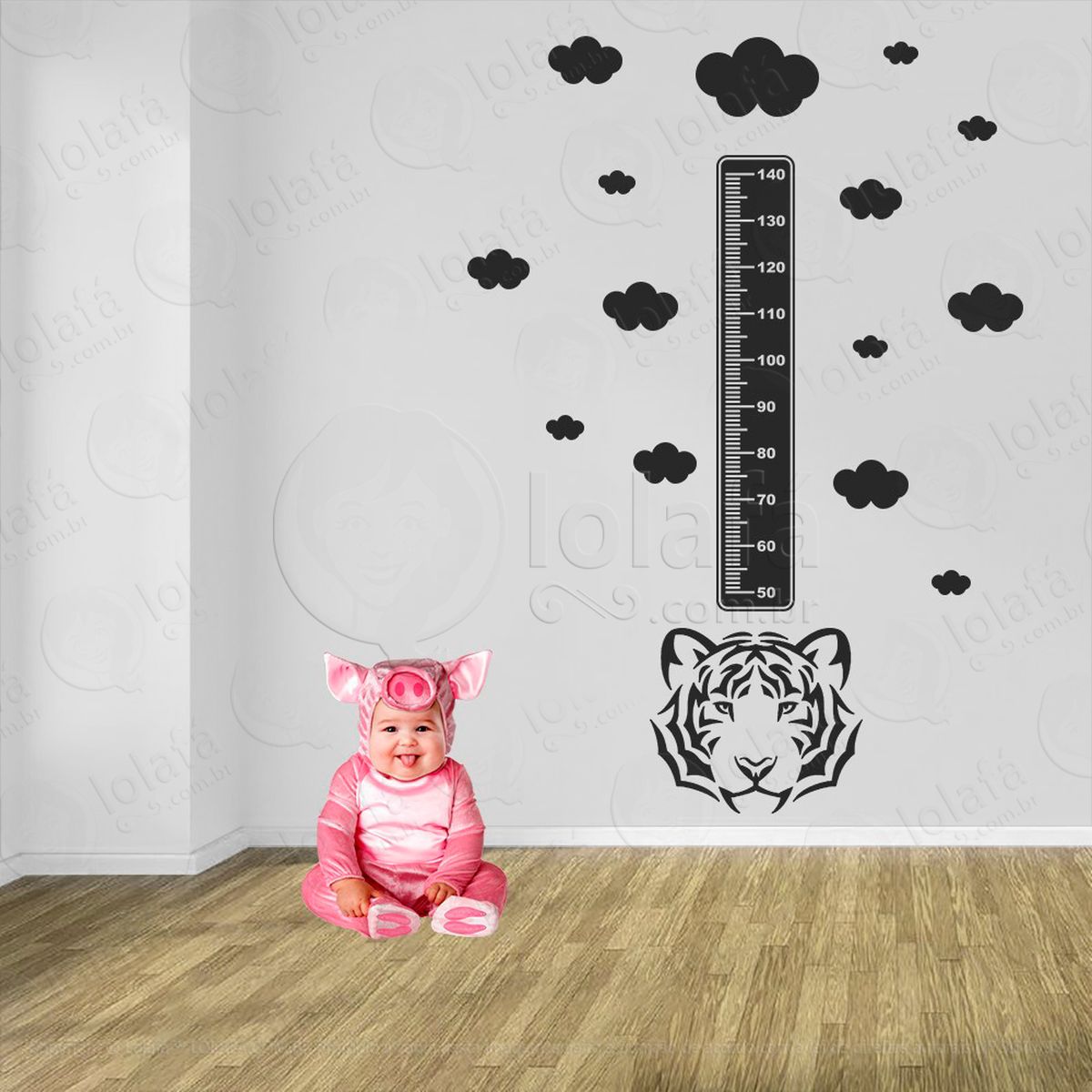 tigre e nuvens adesivo régua de crescimento infantil, medidor de altura para quarto, porta e parede - mod:1072