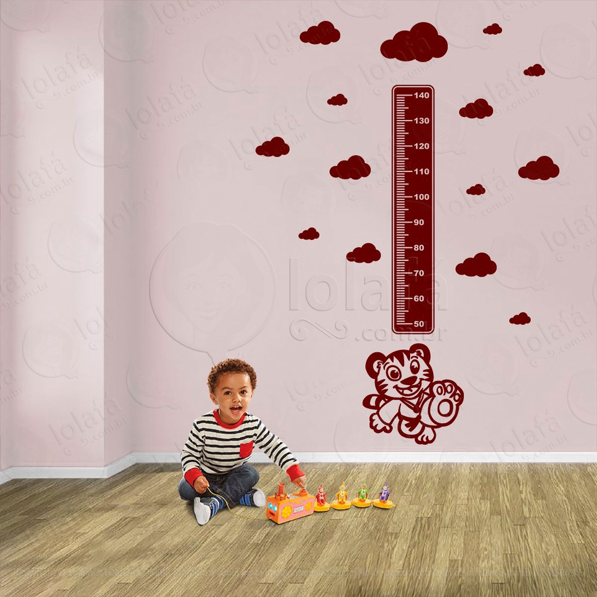 tigre e nuvens adesivo régua de crescimento infantil, medidor de altura para quarto, porta e parede - mod:1074