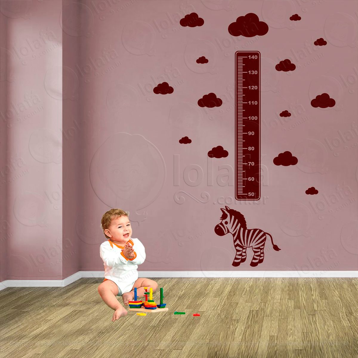 zebra e nuvens adesivo régua de crescimento infantil, medidor de altura para quarto, porta e parede - mod:1076