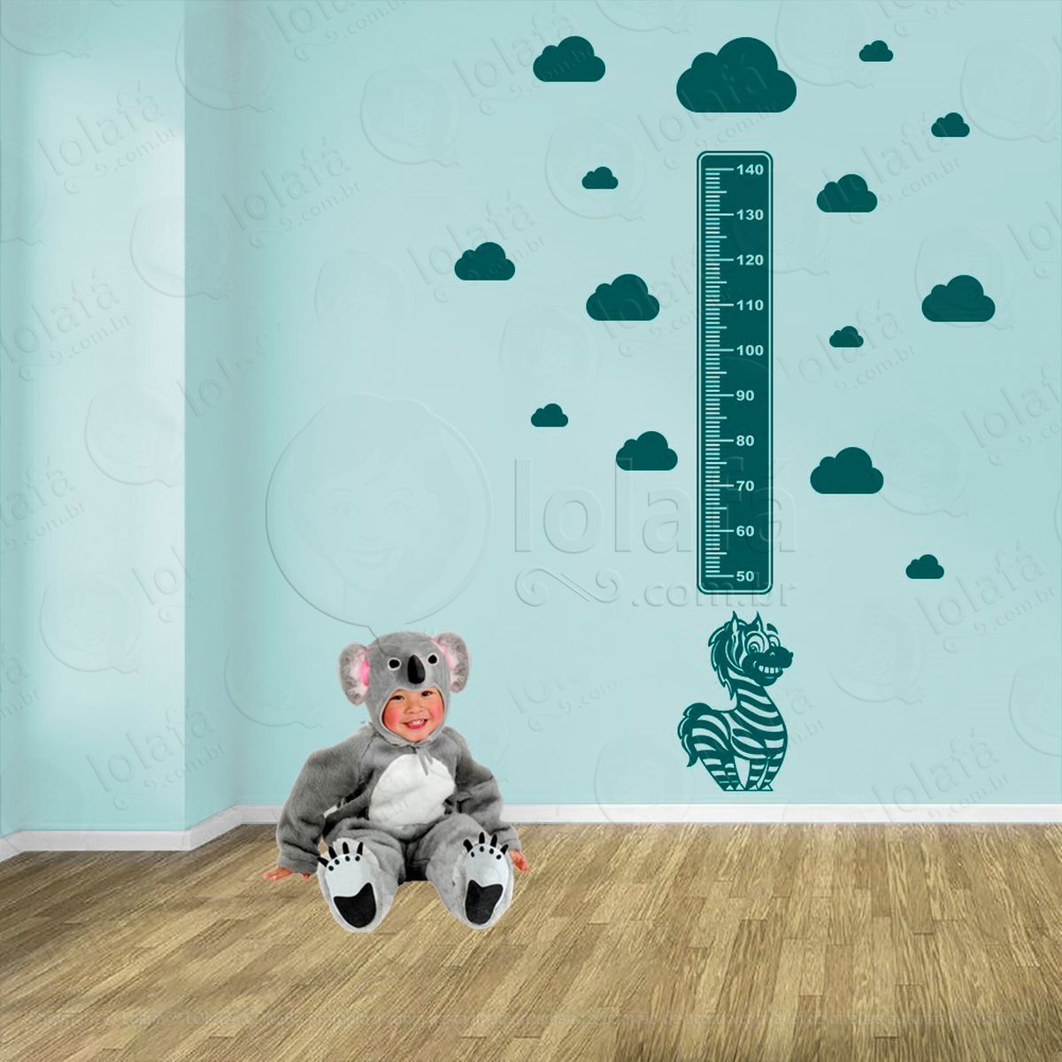 zebra e nuvens adesivo régua de crescimento infantil, medidor de altura para quarto, porta e parede - mod:1078