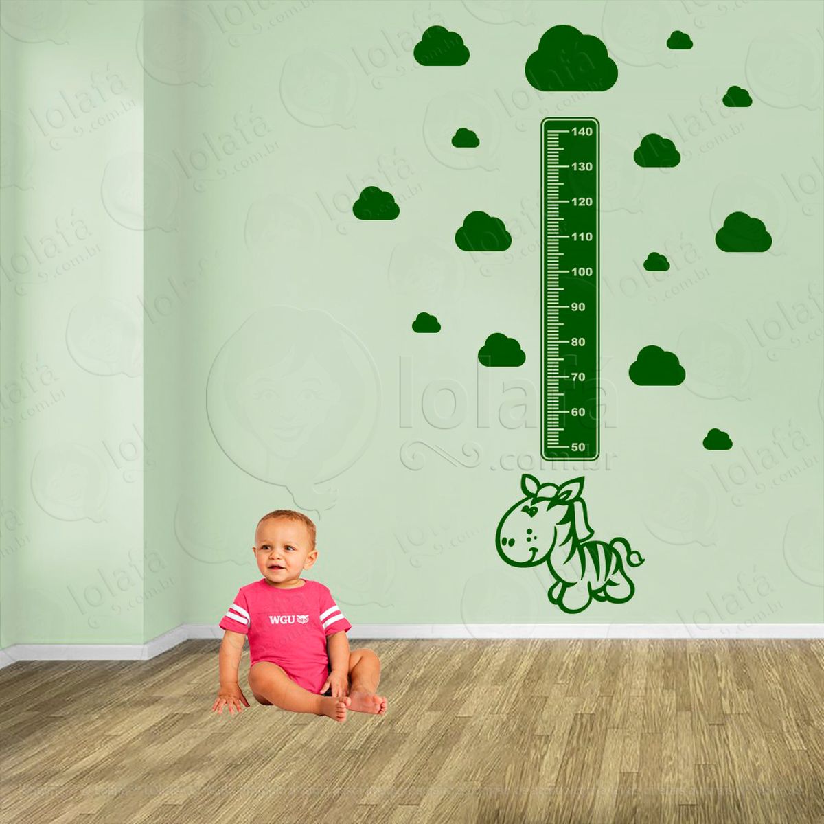 zebra e nuvens adesivo régua de crescimento infantil, medidor de altura para quarto, porta e parede - mod:1080