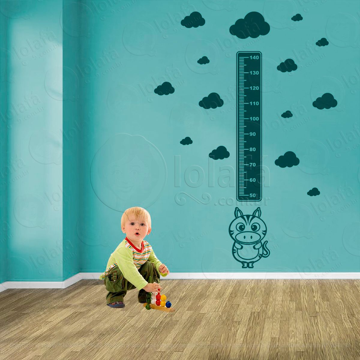 zebra e nuvens adesivo régua de crescimento infantil, medidor de altura para quarto, porta e parede - mod:1082