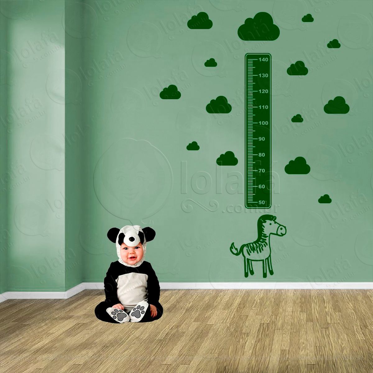 zebra e nuvens adesivo régua de crescimento infantil, medidor de altura para quarto, porta e parede - mod:1084