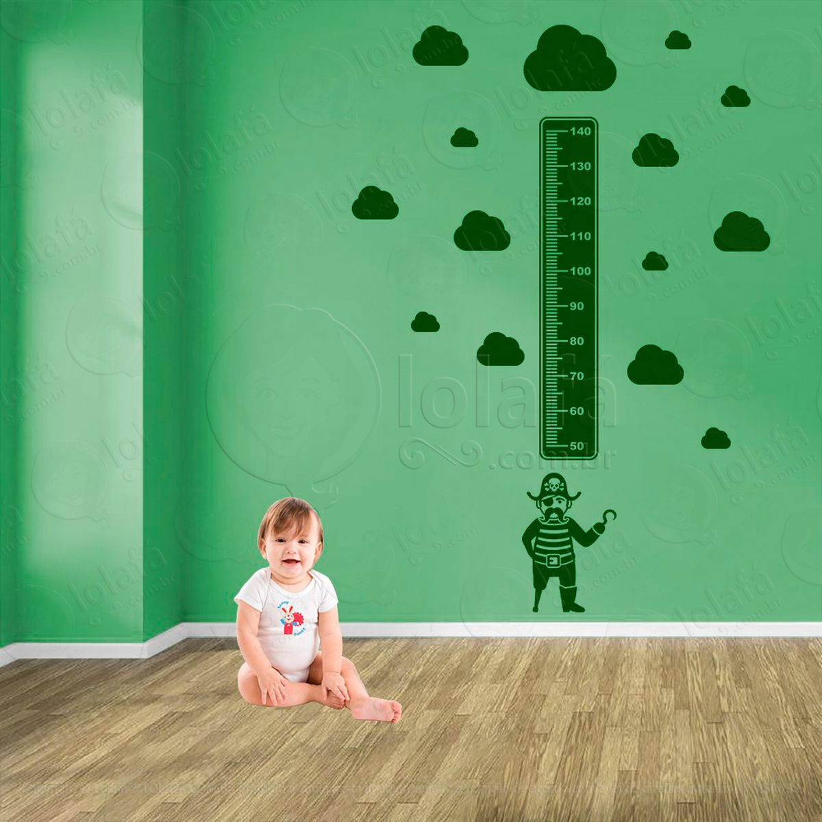 pirata e nuvens adesivo régua de crescimento infantil, medidor de altura para quarto, porta e parede - mod:1099