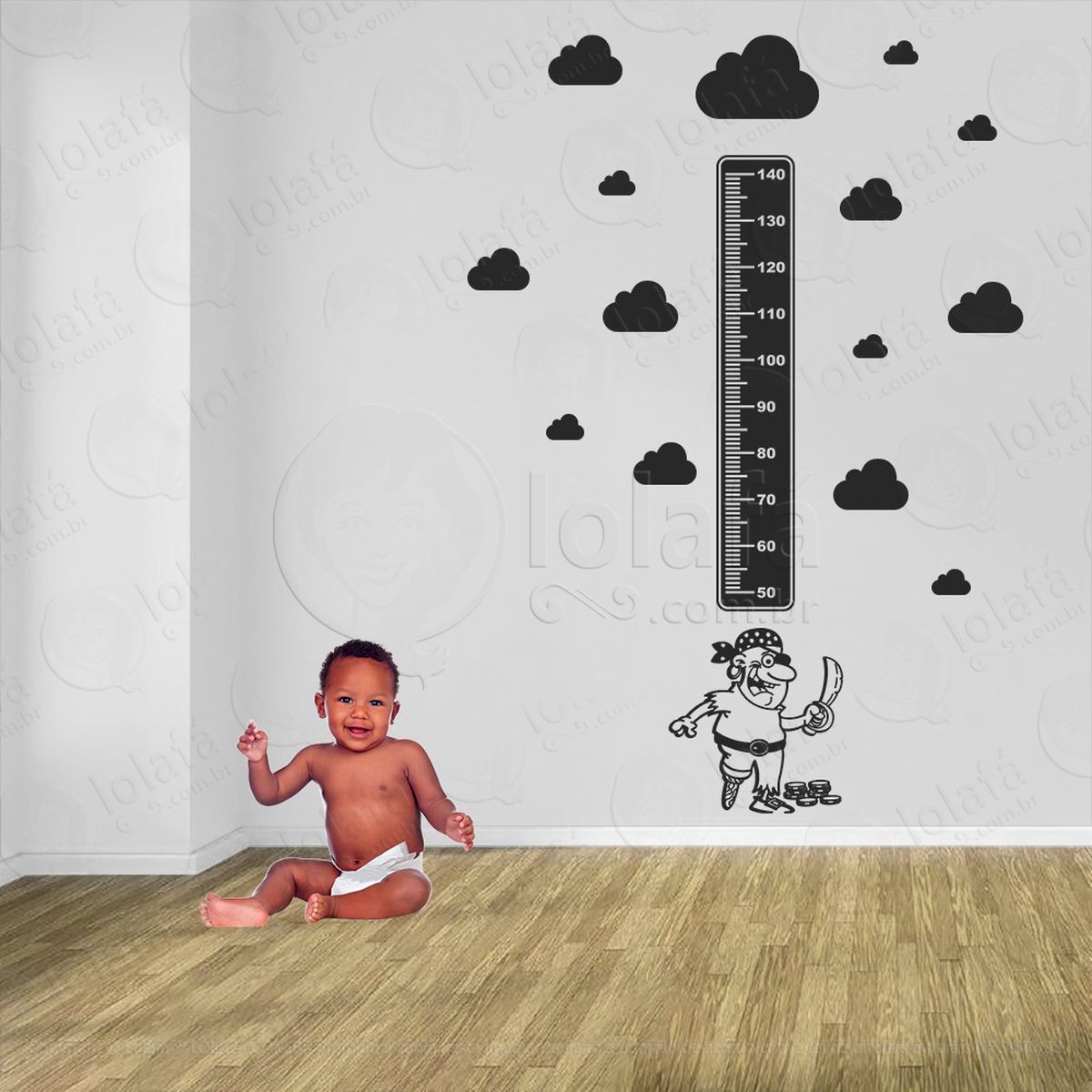 pirata e nuvens adesivo régua de crescimento infantil, medidor de altura para quarto, porta e parede - mod:1107