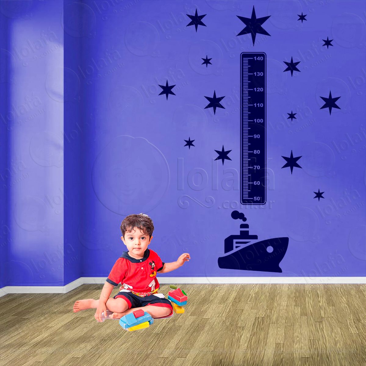 navio e estrelas adesivo régua de crescimento infantil, medidor de altura para quarto, porta e parede - mod:1113