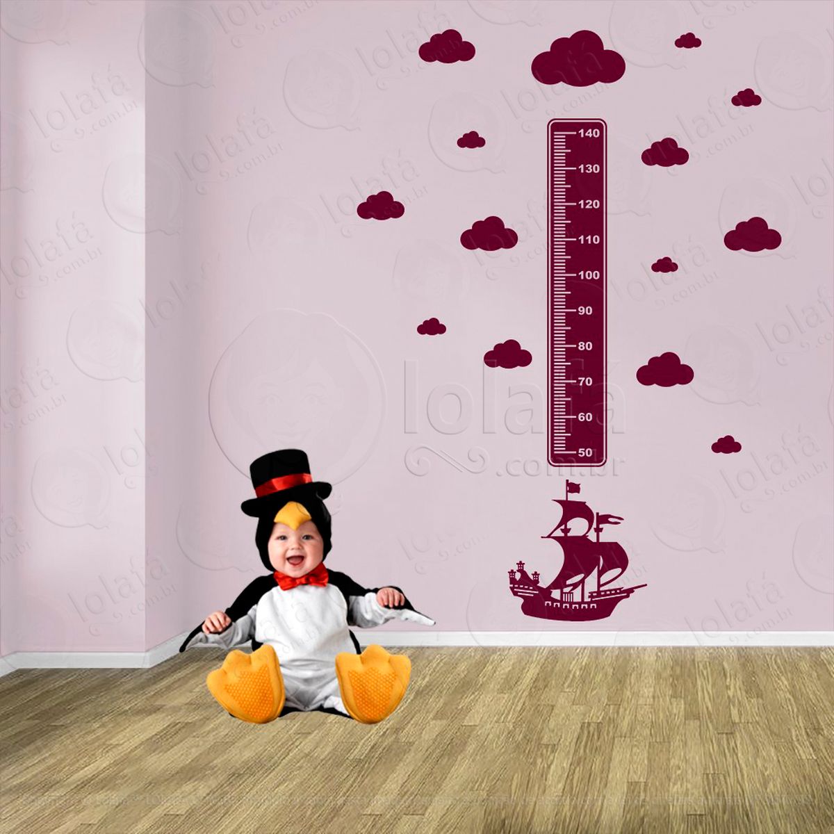 navio e nuvens adesivo régua de crescimento infantil, medidor de altura para quarto, porta e parede - mod:1114
