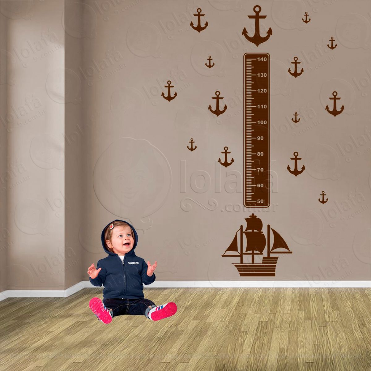 navio e Âncoras adesivo régua de crescimento infantil, medidor de altura para quarto, porta e parede - mod:1115