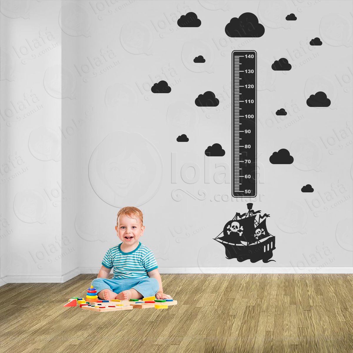 navio e nuvens adesivo régua de crescimento infantil, medidor de altura para quarto, porta e parede - mod:1118