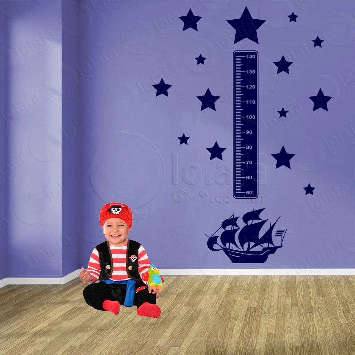 navio e estrelas adesivo régua de crescimento infantil, medidor de altura para quarto, porta e parede - mod:1123
