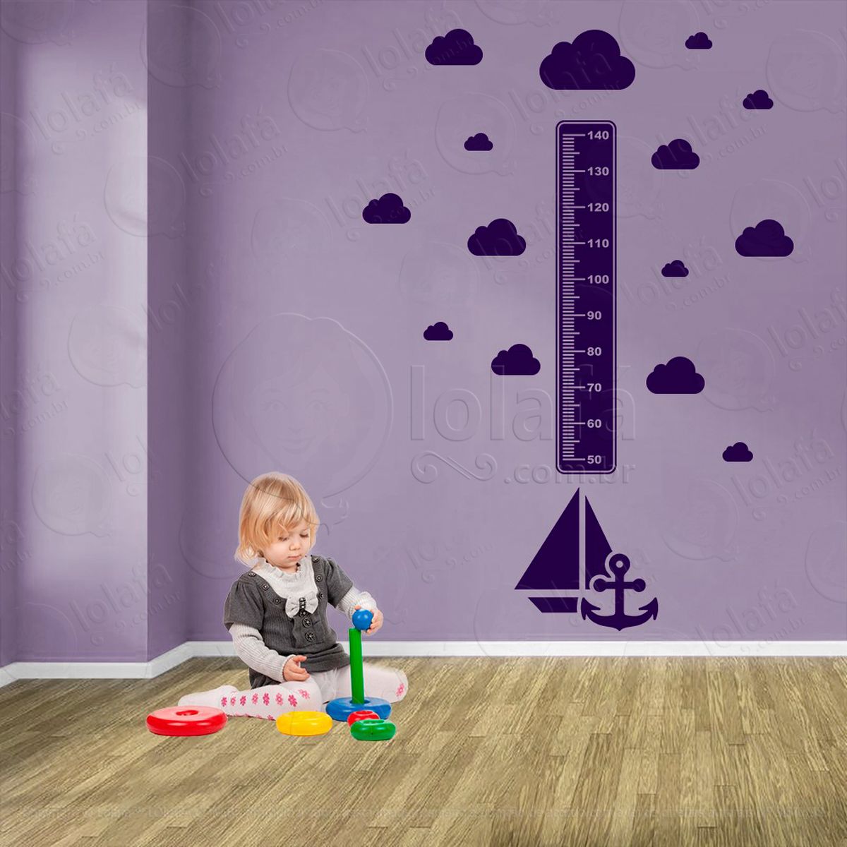 barco e nuvens adesivo régua de crescimento infantil, medidor de altura para quarto, porta e parede - mod:1126