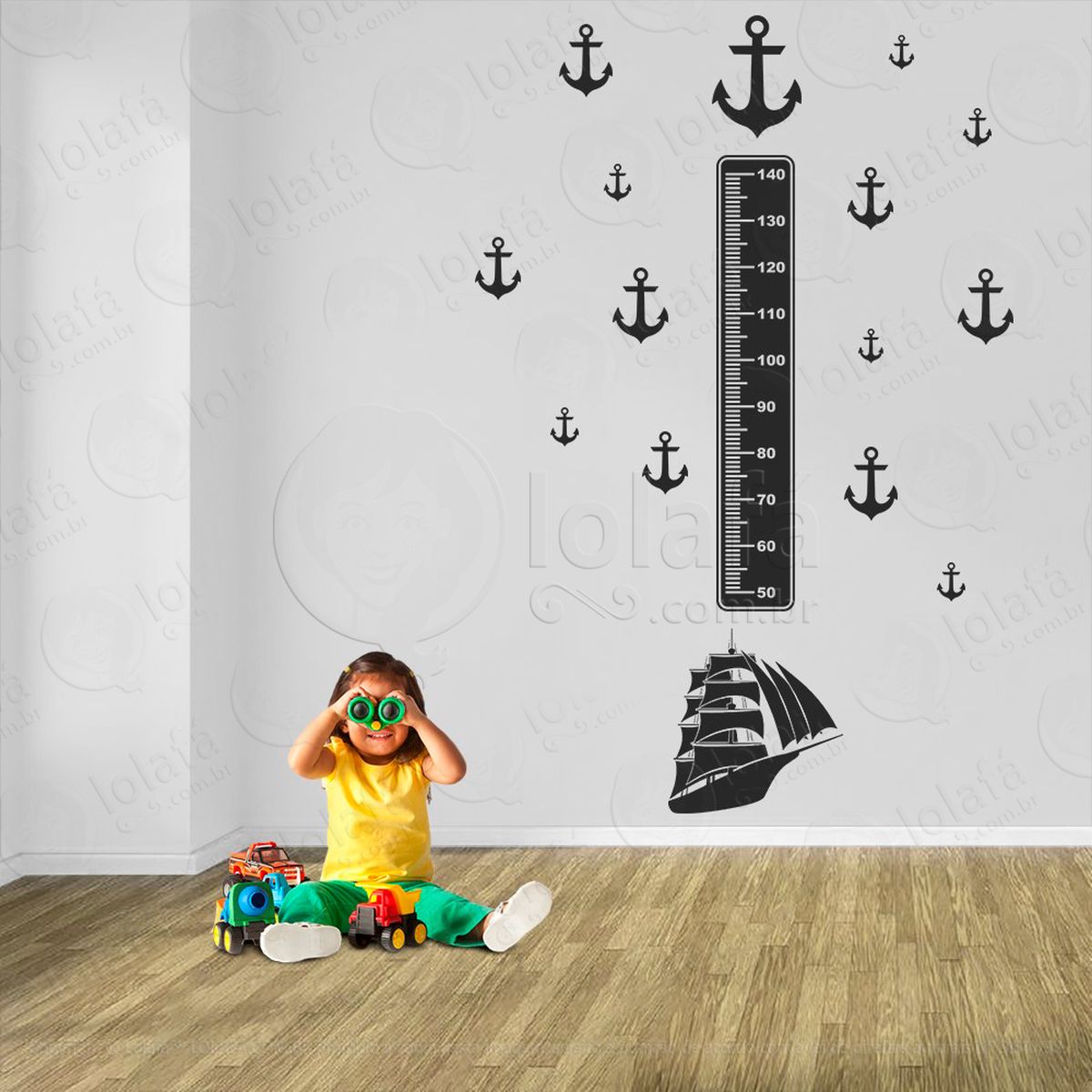 navio e Âncoras adesivo régua de crescimento infantil, medidor de altura para quarto, porta e parede - mod:1131