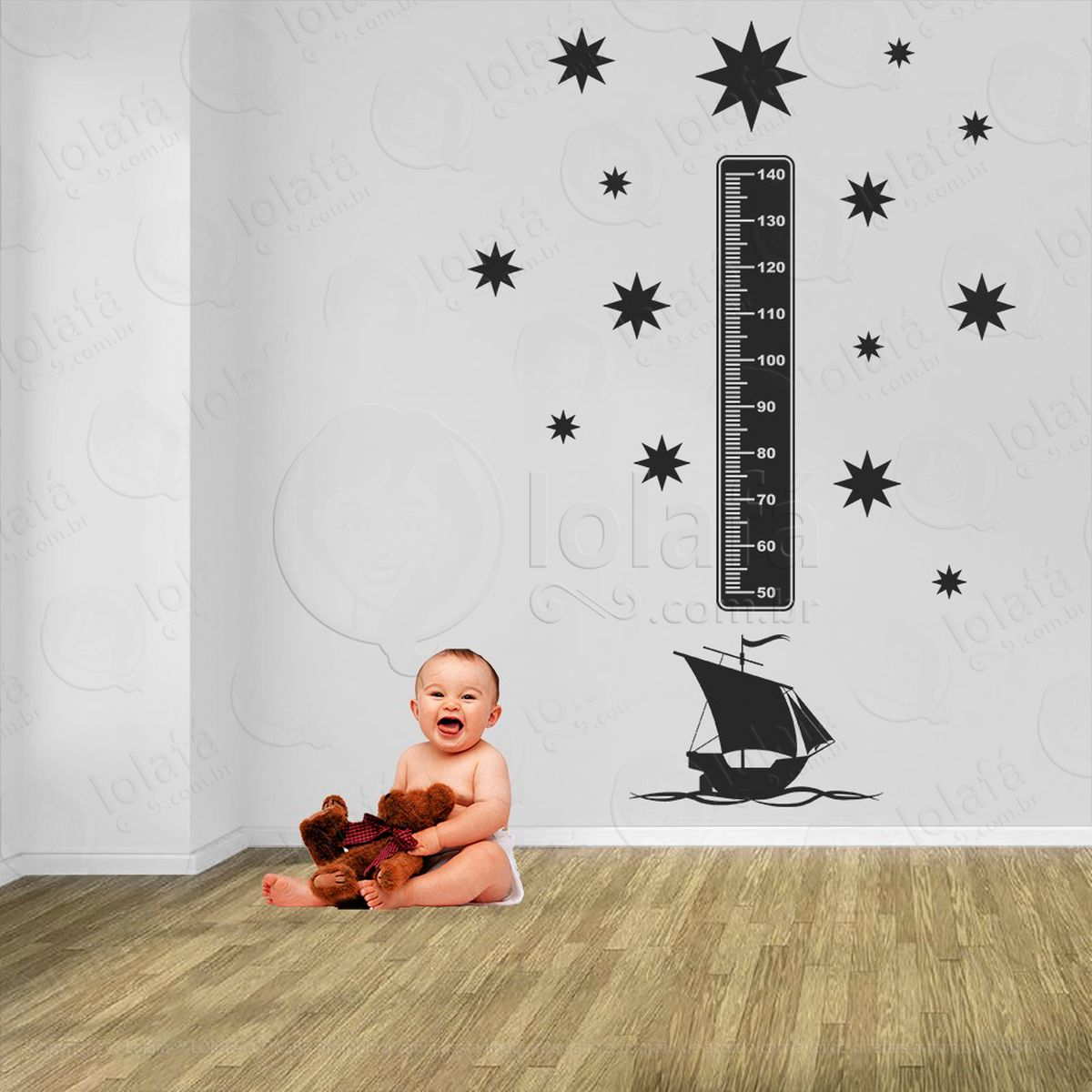 navio e estrelas adesivo régua de crescimento infantil, medidor de altura para quarto, porta e parede - mod:1133
