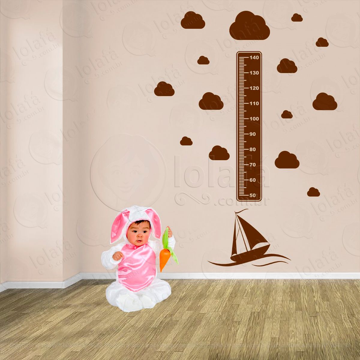 barco e nuvens adesivo régua de crescimento infantil, medidor de altura para quarto, porta e parede - mod:1134